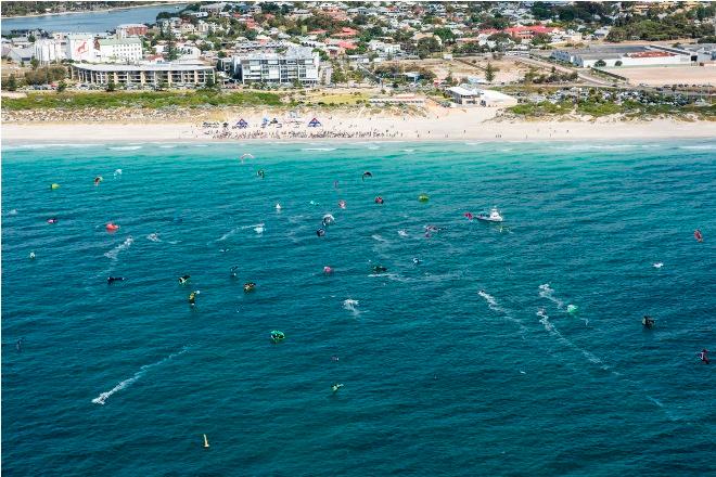 Aerial racing into Leighton Beach - Red Bull Lighthouse to Leighton Kiteboard Race © Bright Communications